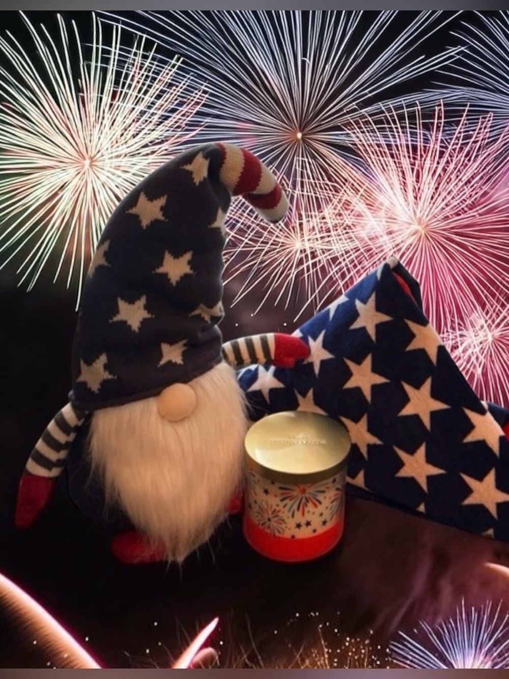 NWT Patriotic 20” Gnome Plush 3 Wick Candle, 30” x 60” American Flag Beach Towel